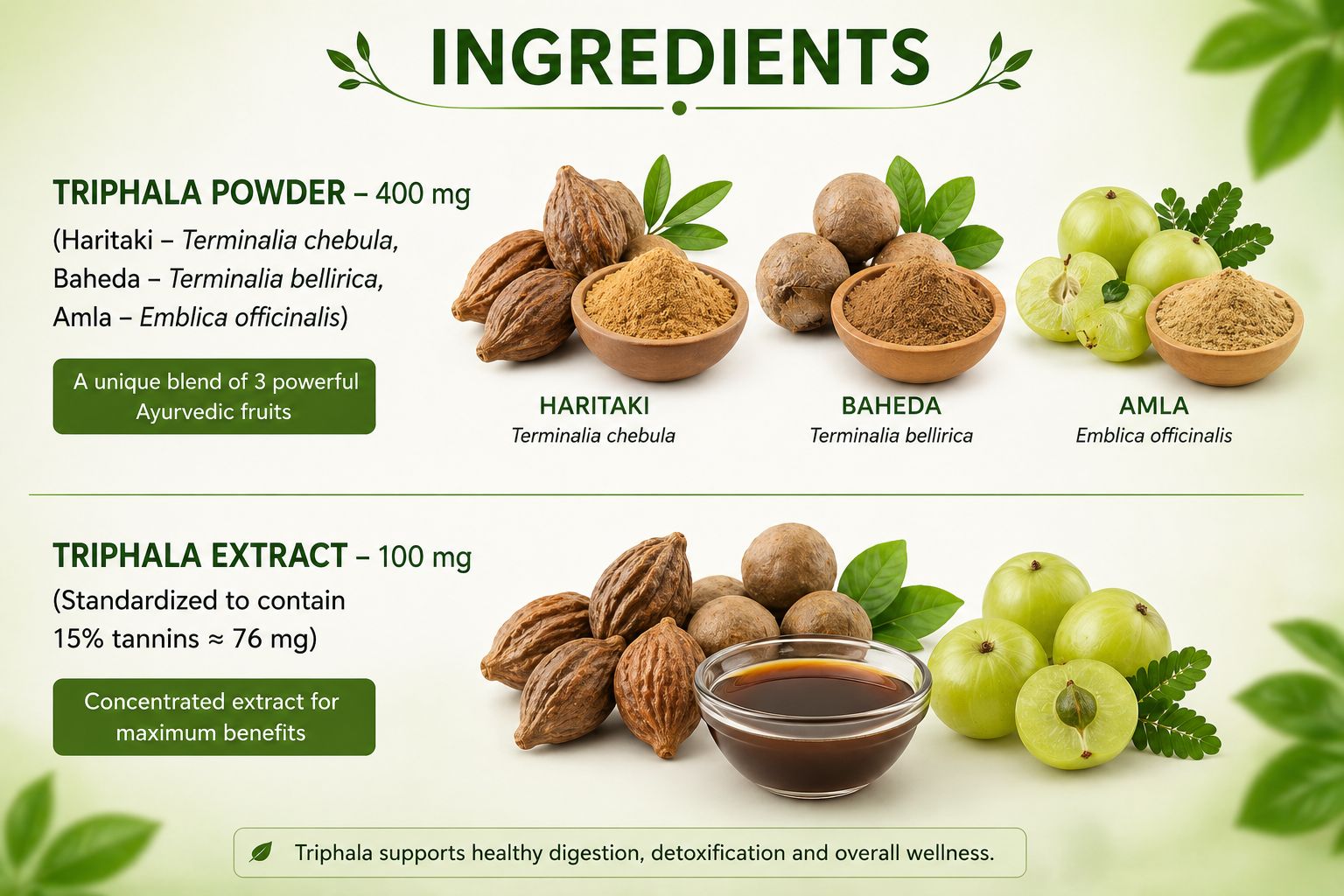 Triphala Extract (Standardized to 15% tannins ≈ 76 mg) — 100 mg